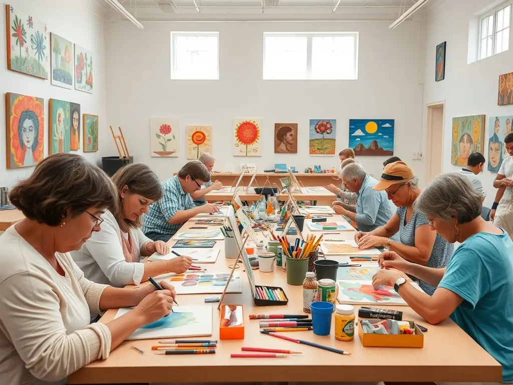 An image showcasing community members participating in an art workshop, with vibrant artworks and engaged participants.