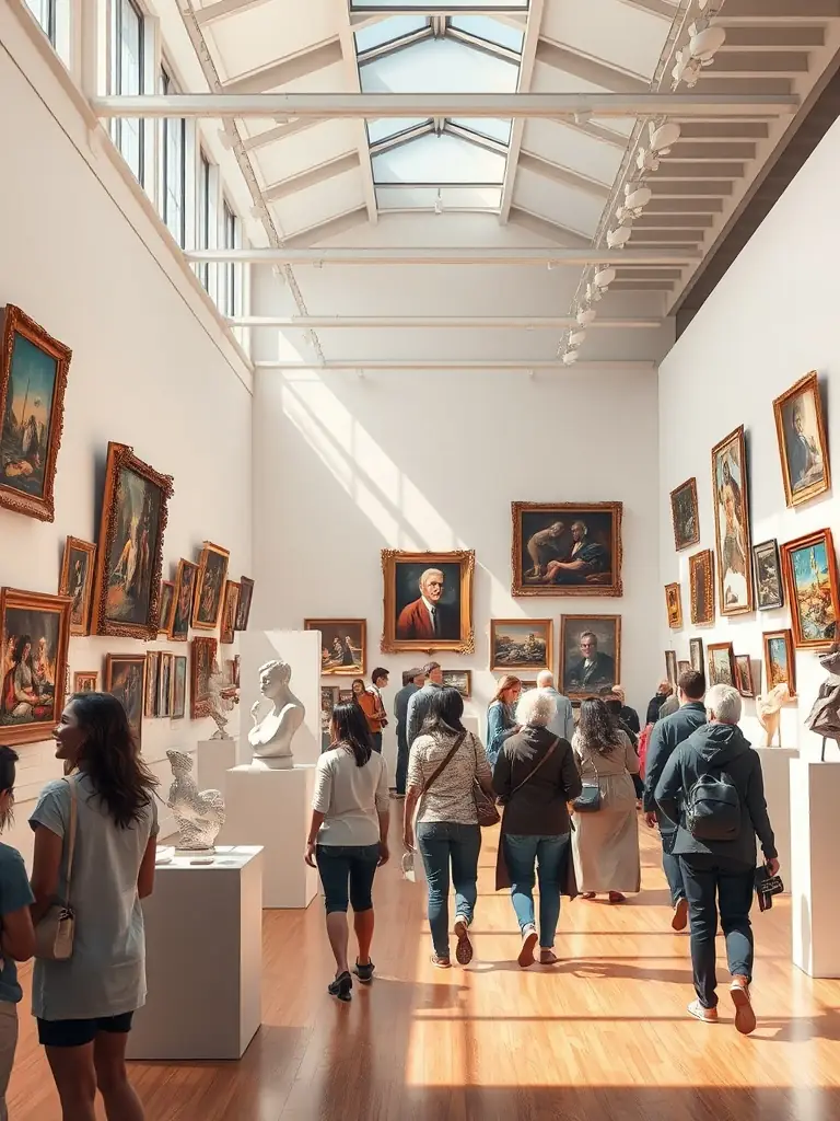 A visually appealing photograph of an art exhibition featuring diverse artworks created by local artists, emphasizing the organization's role in promoting local talent and artistic diversity.