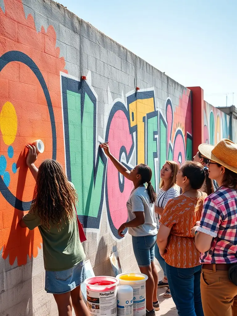 A vibrant photograph capturing participants engaged in a collaborative mural painting activity, showcasing the community spirit and artistic expression fostered by ASSOCIATION PLUME.
