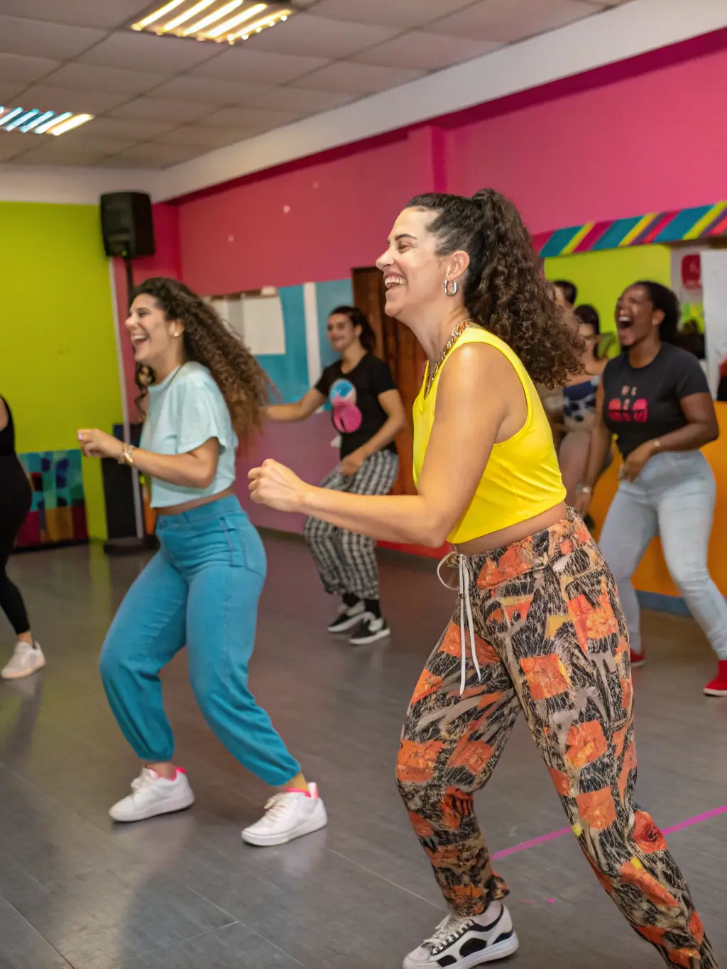 A dynamic image of a dance workshop in progress, featuring diverse participants learning various dance styles, emphasizing the inclusivity and cultural exchange promoted by ASSOCIATION PLUME.