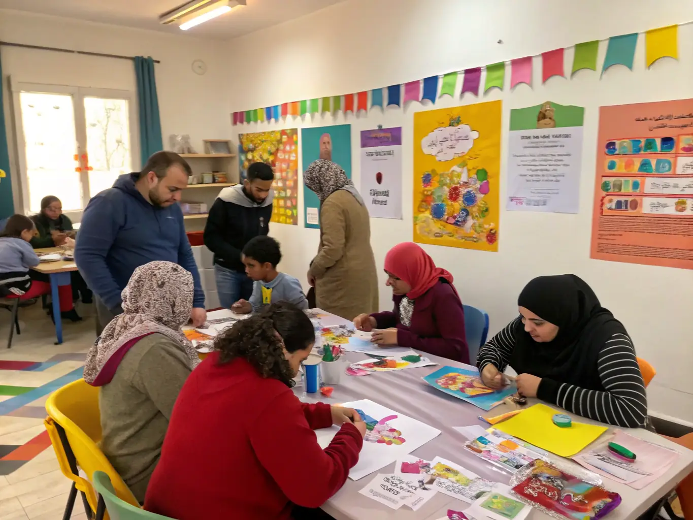 A vibrant image of participants engaged in a community art workshop, painting and creating together, showcasing the collaborative spirit of ASSOCIATION PLUME's programs.
